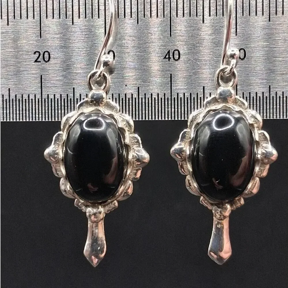 Black Onyx Dangle Earrings, 925 Sterling Silver, Vintage Art Deco Style